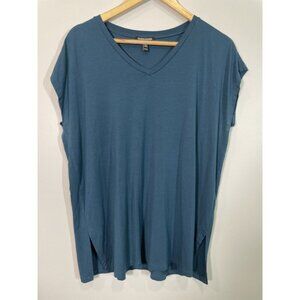 Eileen Fisher Blue Tencel Lyocell V-Neck Top SZ PM Minimalist Sustainable Basic